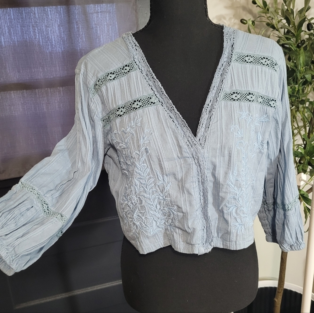 Free People Light Blue Embroidered Crop Top